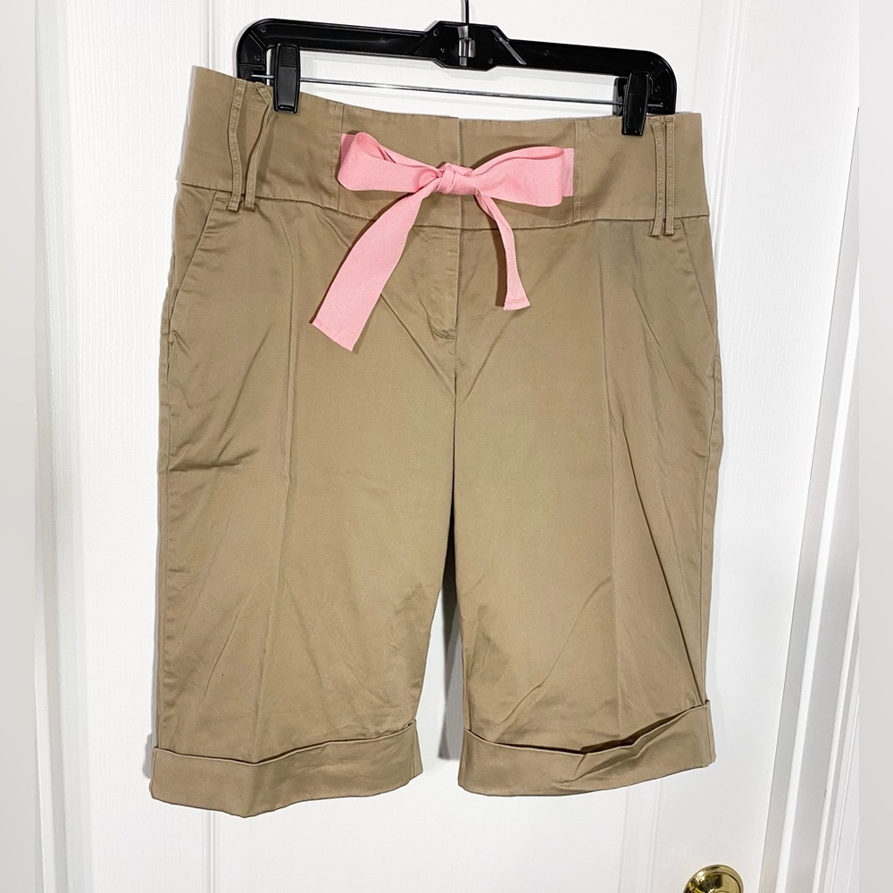 Y2K Madison Pink Bow High Waist Cuffed Bermuda Shorts Khaki Stretch Cotton 10